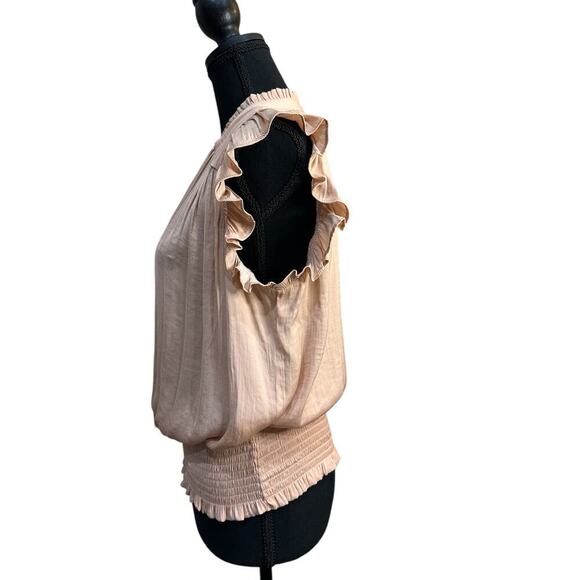 Maison d’Amelie Peasant Blouse Pale Pink Flutter Sleeves Smocked Waist Feminine - Picture 4 of 6